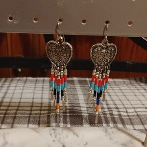 ✨ Boho Silver Heart Earrings with Colorful Beaded Tassels ✨
